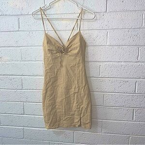 Y2K Stretch Cutout Bust Cleavage Dress Simple Basic Summer Mini Cream Beige Sm